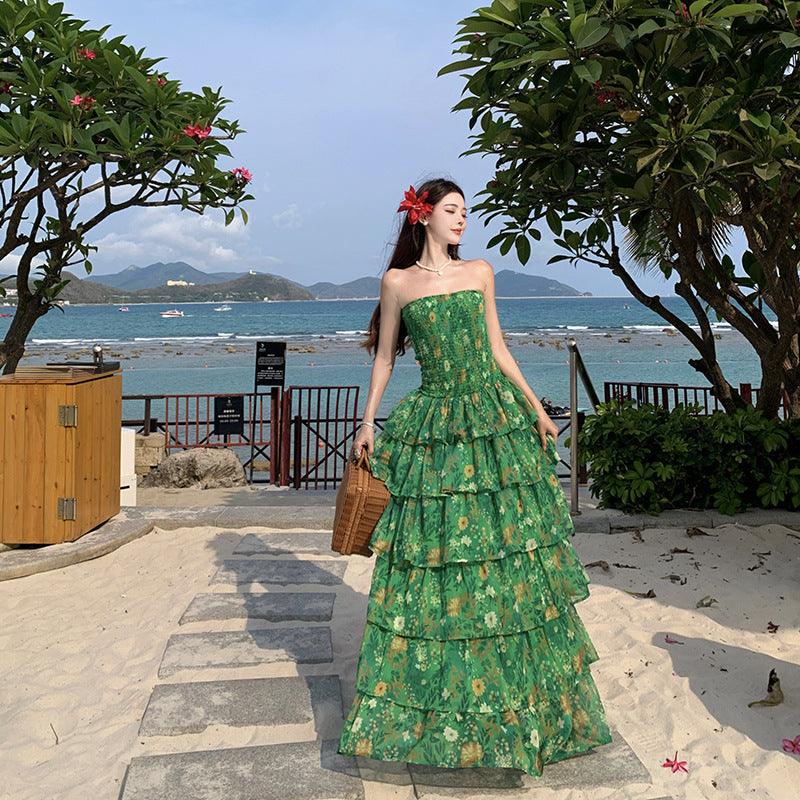 Top Waist Ruffled Women's Printed Dress