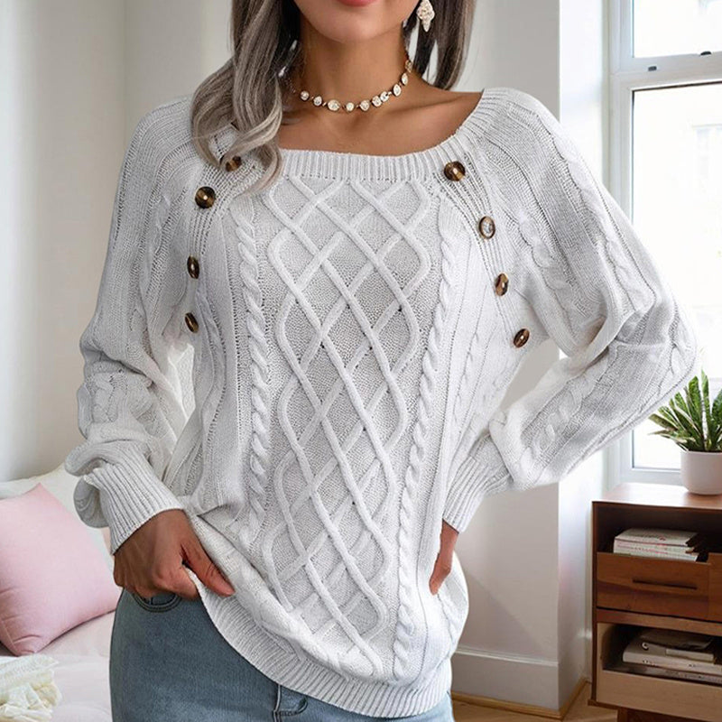 Women's Solid Color Casual Square Neck Button-Detail Knit Top -