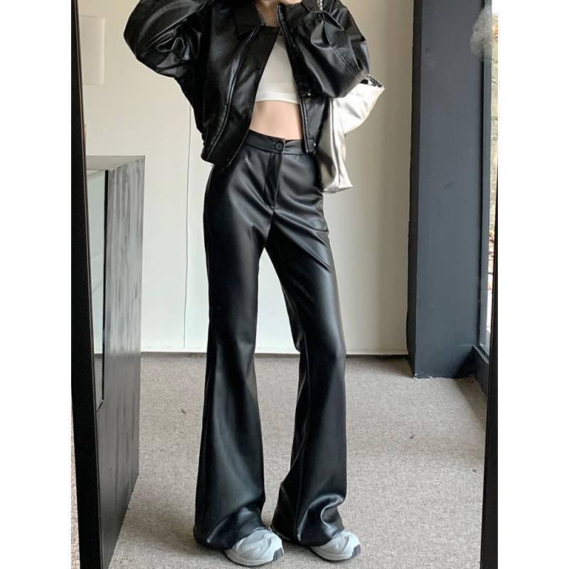 Slim Fit Leather Bootcut Trousers Slimming High Waist Casual Leather Pants