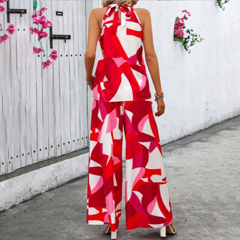 Women's Summer 2 Piece Outfits Floral Print Halter Neck Sleeveless Top Wide Leg Pants Set Jumpsuits