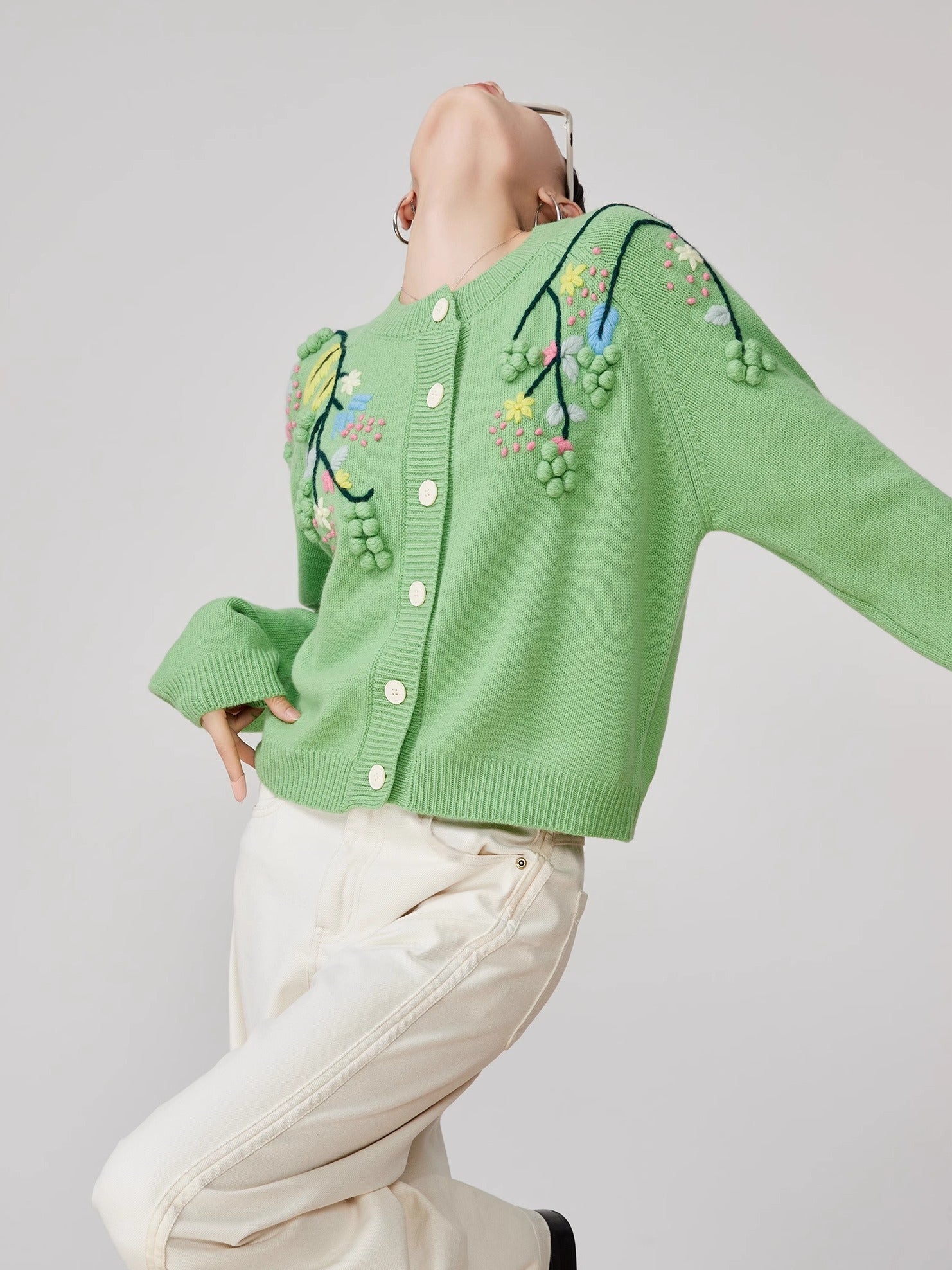 Green Handmade Three-dimensional Embroidered Round Neck Knitted Cardigan For Women