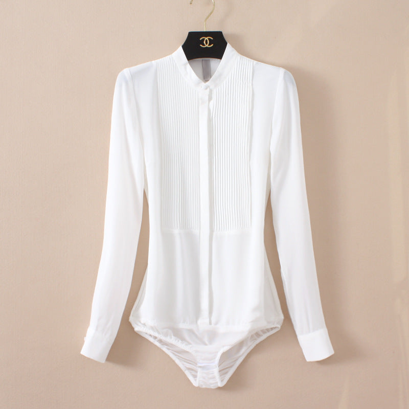 Stand Collar Organ Pleated Chiffon Shirt One-piece