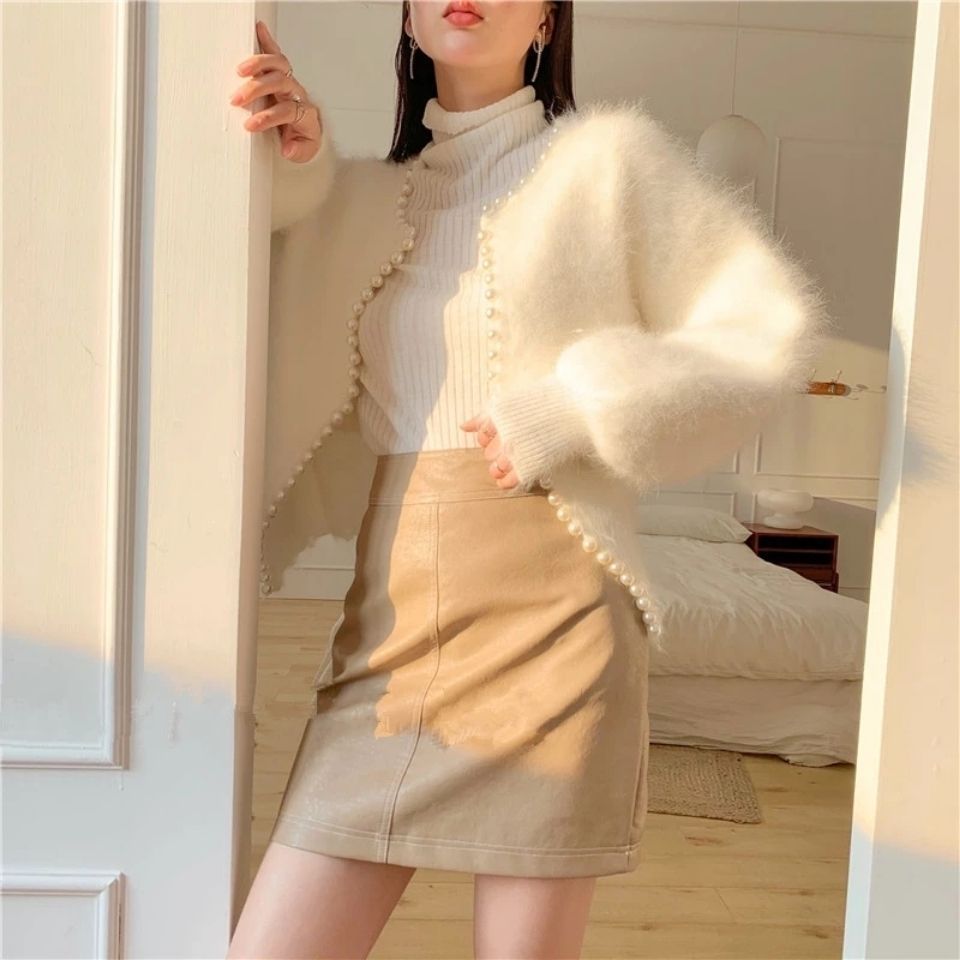 Korean Style Solid Color Fashion Loose Pearl Edge Mink-like Wool Cardigan Sweater