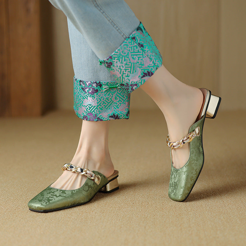 Low Heel Square Head 32-43 National Style Metal Chain Outdoor Slippers