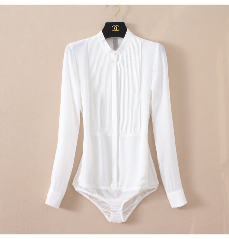 Stand Collar Organ Pleated Chiffon Shirt One-piece