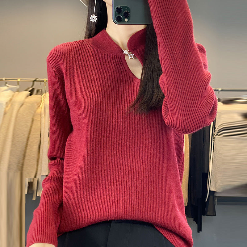 Half Turtleneck New Chinese Style Buckle Sweater Women's Sweater