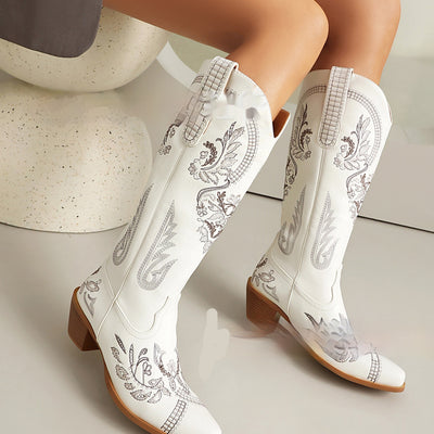 Embroidered Rhinestone Thick High Heel