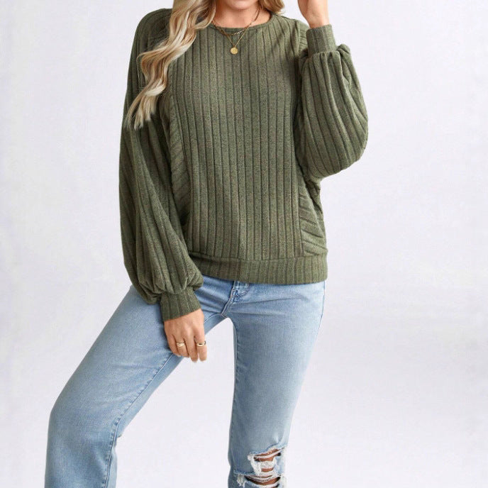 Round Neck Solid Color Rib Fabric Loose Long Sleeve Top Women's Clothing