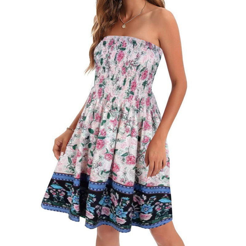 European And American Spring And Summer New Fashion Printed Beach Vacation Sexy Tube Top Dress