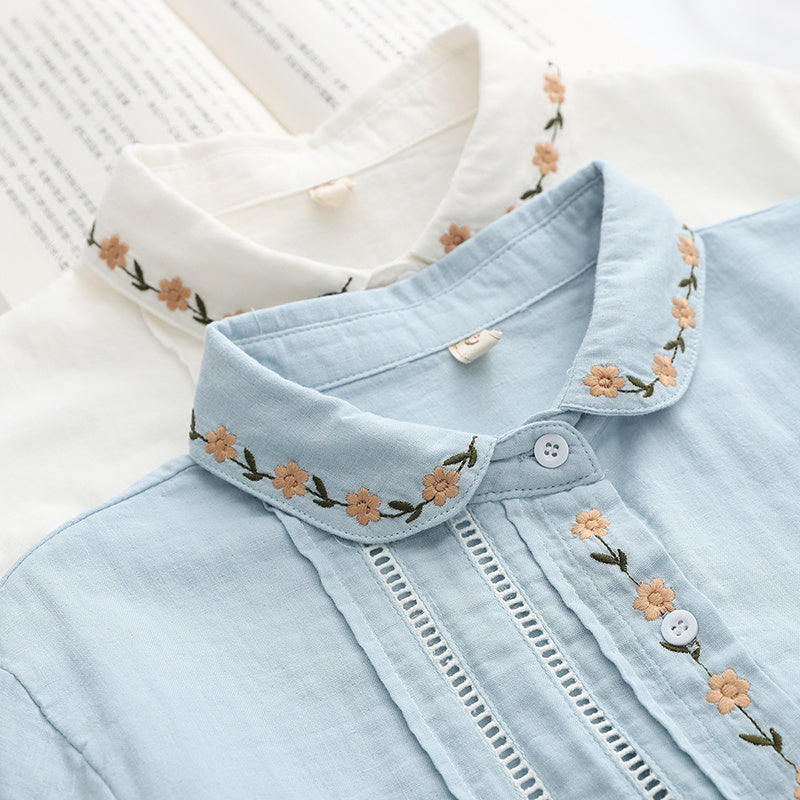 Women's Elegance Doll Collar Embroidered Pleated Long Sleeve Shirt