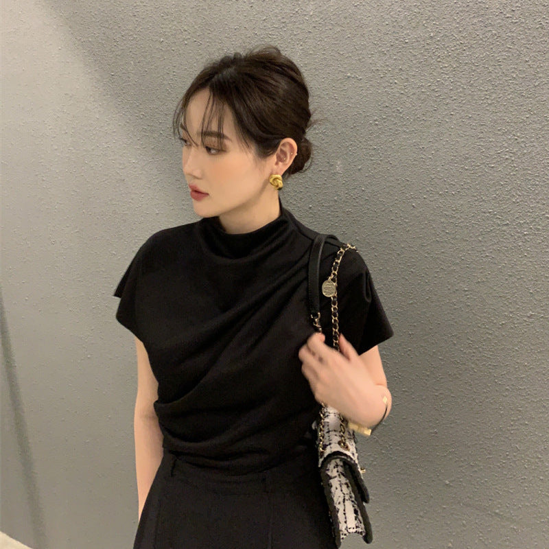 Women's Stand Collar Oblique Pleated Shirt Top