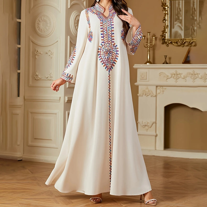 Elegant Women's Long Sleeve Floor-Length Dress - Stand Collar With Geometric Print & Sequins Detail Dress For Casual&Party Wear