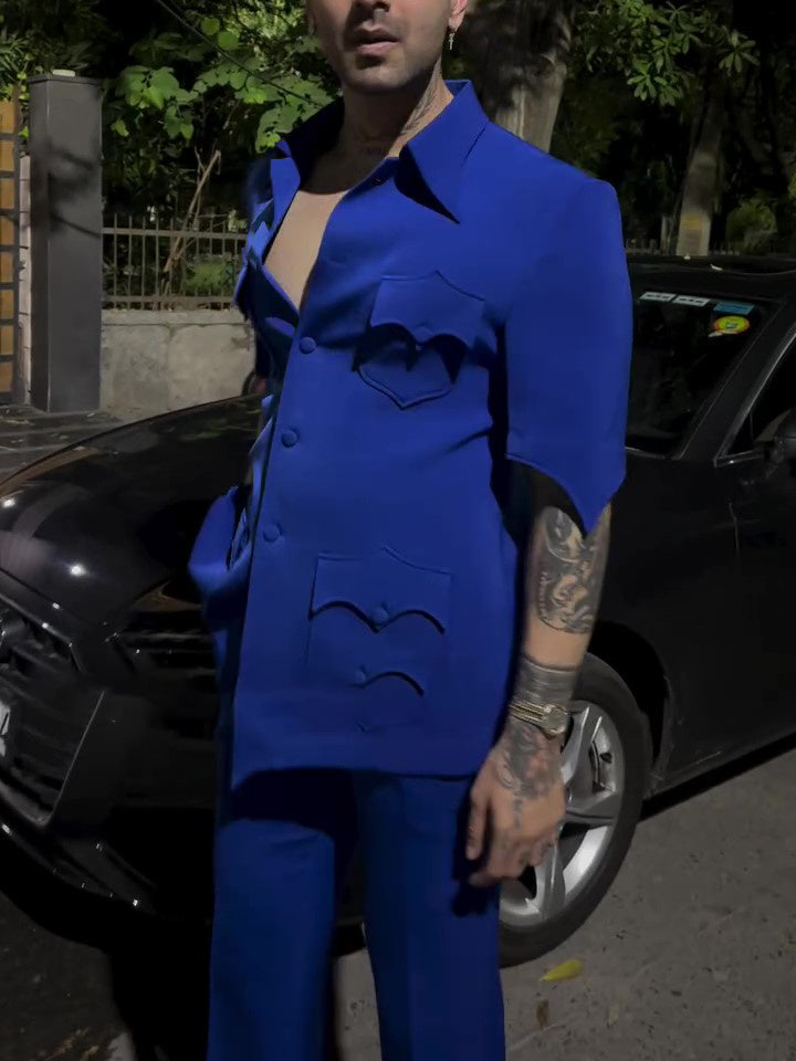 Blue Short - Sleeve Suit With Heart - Shaped Pocket Details