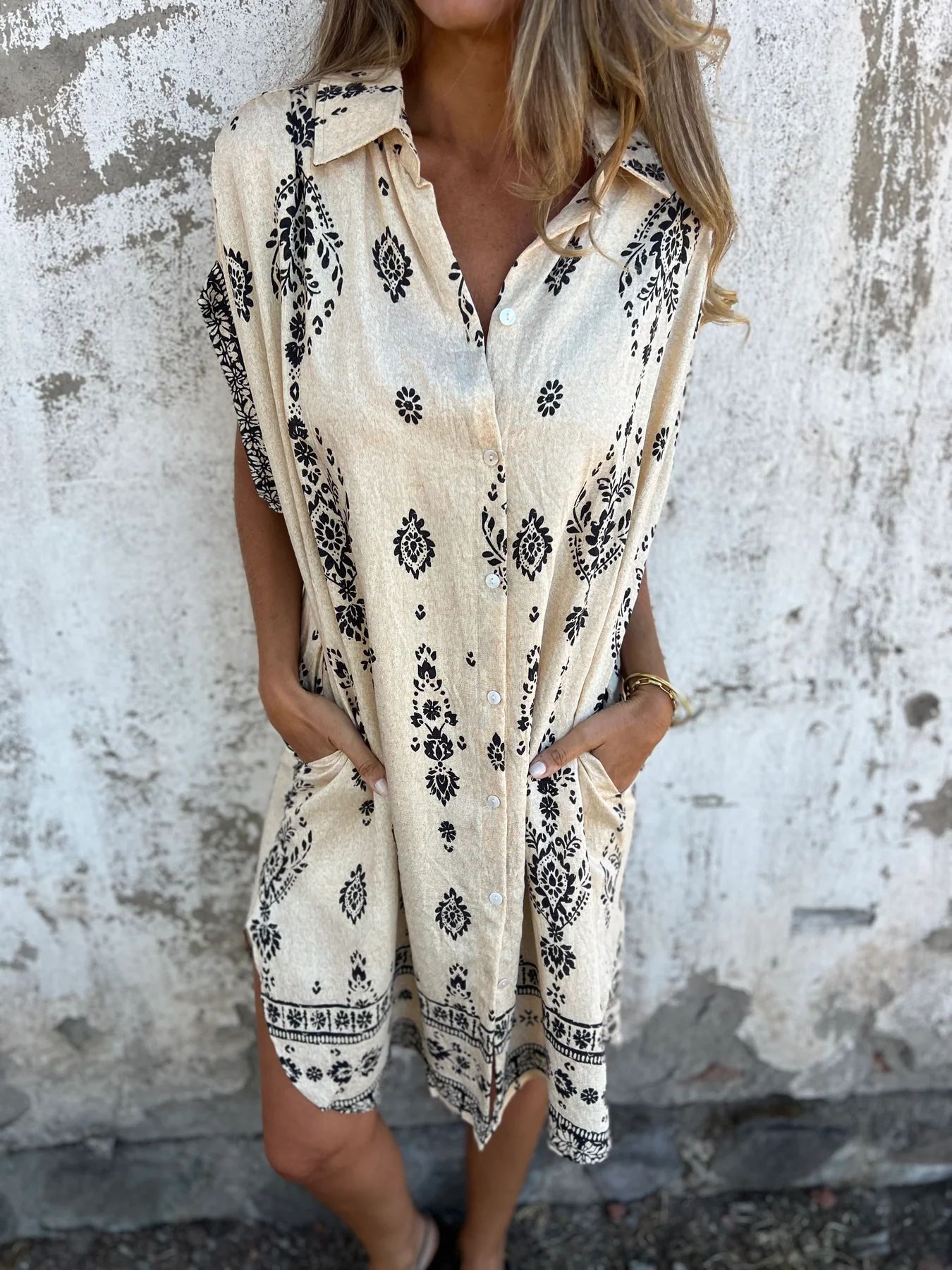 Loose Lapel Sleeveless Shirt Dress With Button Fashion Ethnic-style Printed Button Dresses For Beach