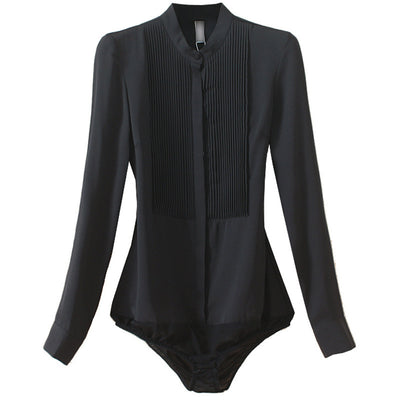 Stand Collar Organ Pleated Chiffon Shirt One-piece