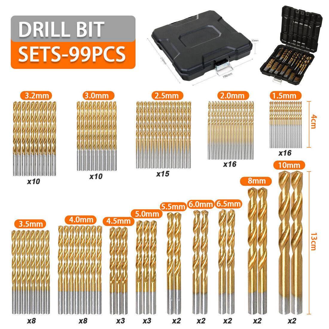 99X Titan HSS Spiralbohrer Stahl Bohrer Satz Werkzeug Set Metallbohrer 1.5-10mm