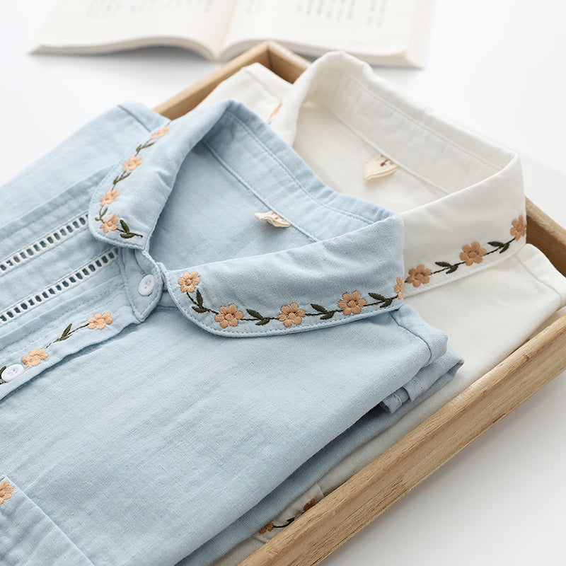 Women's Elegance Doll Collar Embroidered Pleated Long Sleeve Shirt