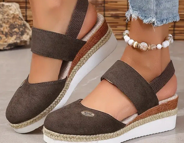 Hemp Rope Wedges Sandals Summer Lightweight Braided Closed Toe Elastic Band Shoes For Women