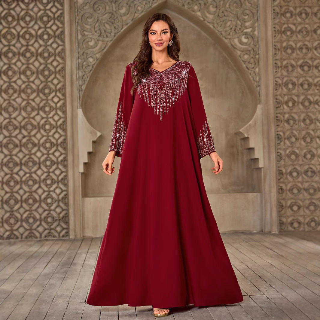 Fashion Rhinestone V-neck Casual Loose Dubai New Dress