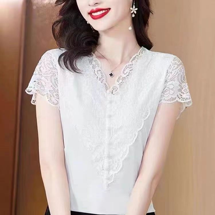 Lace V-neck Short Sleeve Temperament Slimming Top