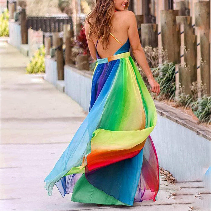 Spring And Summer New Sexy Suspenders Deep V Rainbow Mesh Camisole Dress