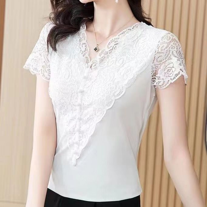 Lace V-neck Short Sleeve Temperament Slimming Top