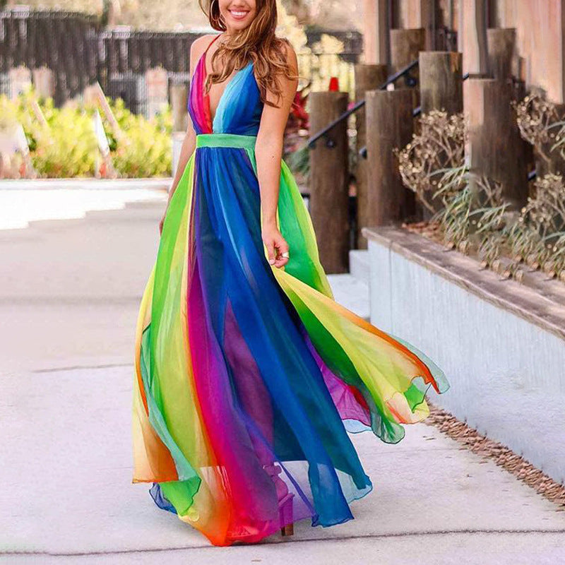Spring And Summer New Sexy Suspenders Deep V Rainbow Mesh Camisole Dress