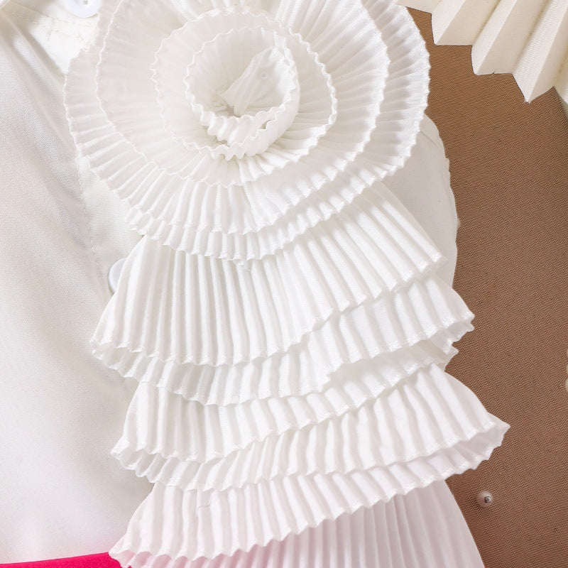 Girl's White Sleeveless Shirt With Rose Red Pleated Skirt Set