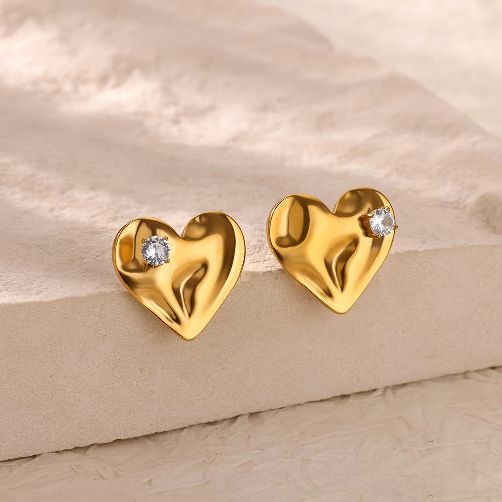 Convex Heart-shaped Inlaid Beads Light Luxury Earrings