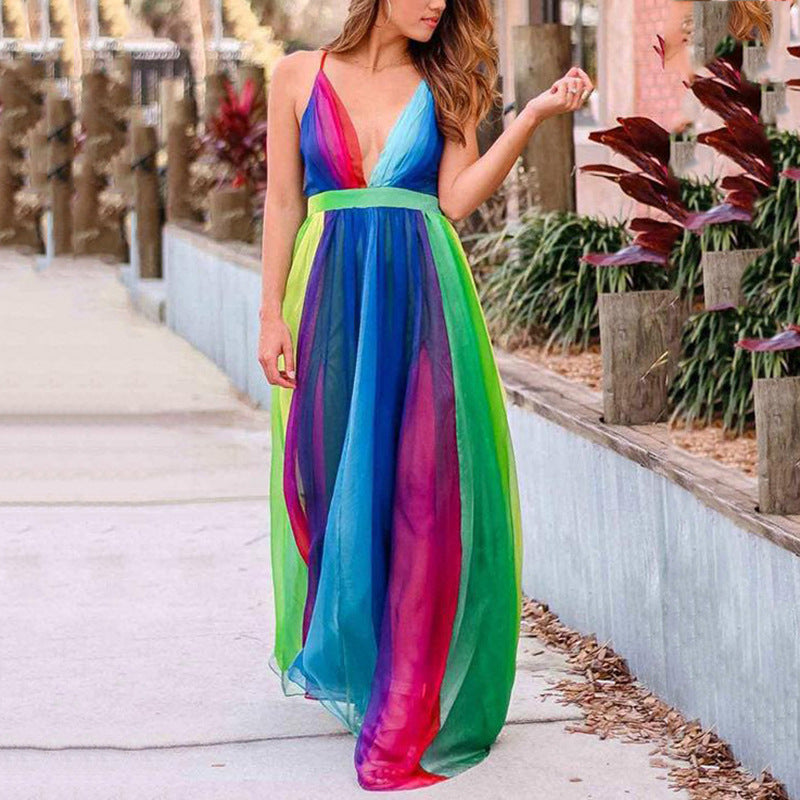 Spring And Summer New Sexy Suspenders Deep V Rainbow Mesh Camisole Dress