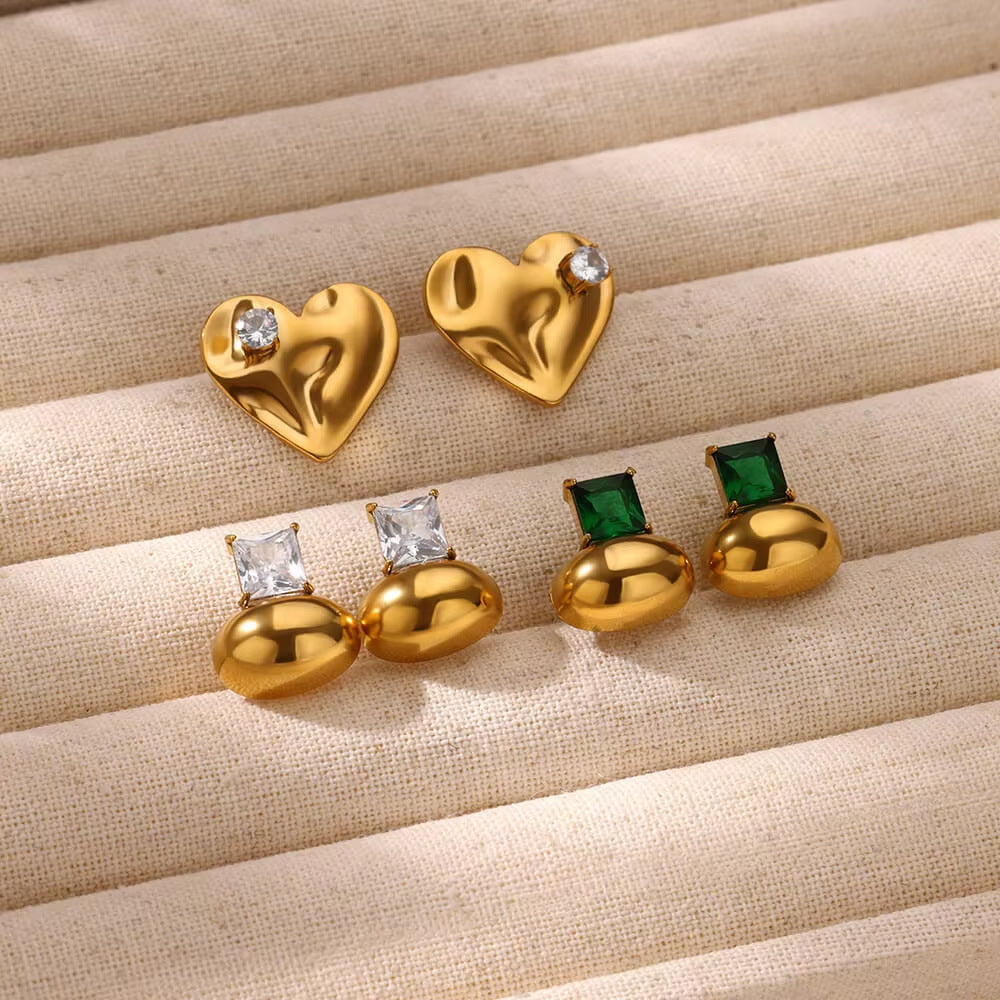 Convex Heart-shaped Inlaid Beads Light Luxury Earrings