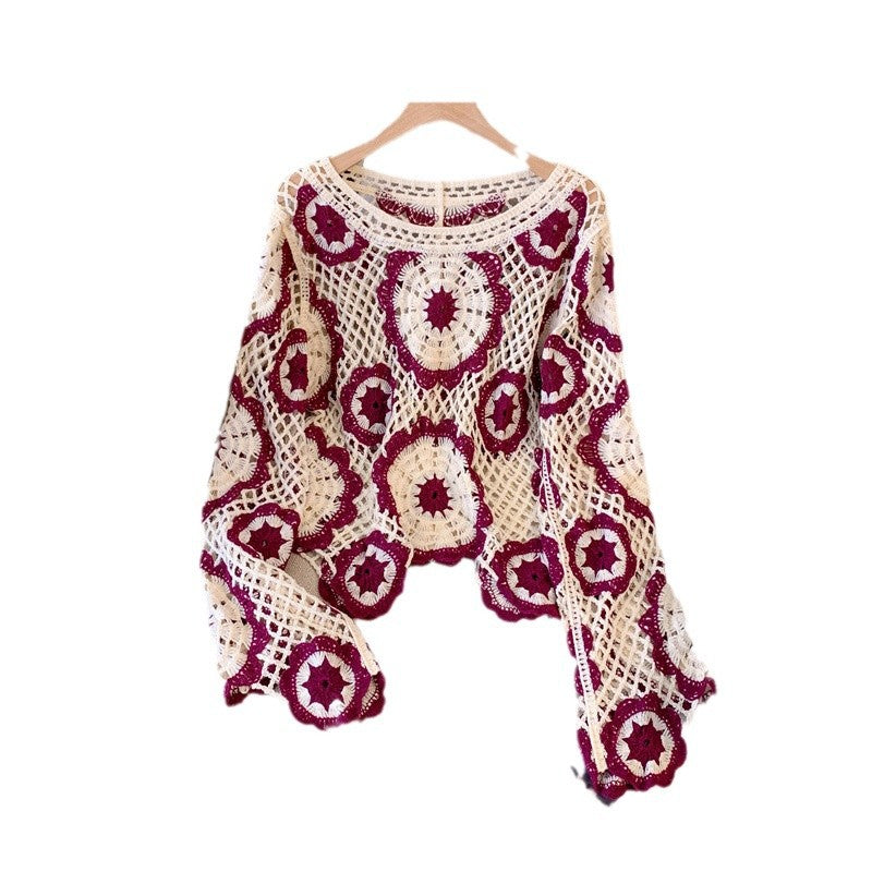 Ankela Red French Crocheted Hollow Sweater
