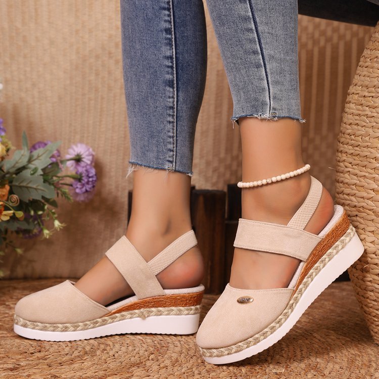 Hemp Rope Wedges Sandals Summer Lightweight Braided Closed Toe Elastic Band Shoes For Women