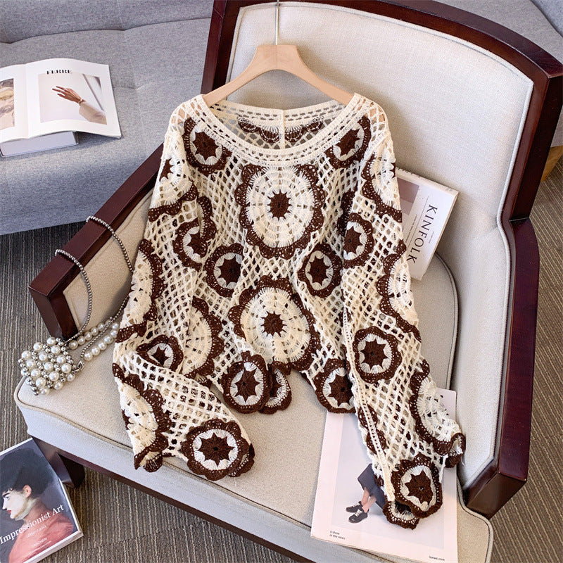 Ankela Red French Crocheted Hollow Sweater