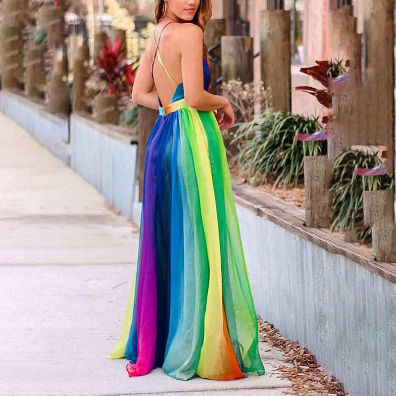 Spring And Summer New Sexy Suspenders Deep V Rainbow Mesh Camisole Dress