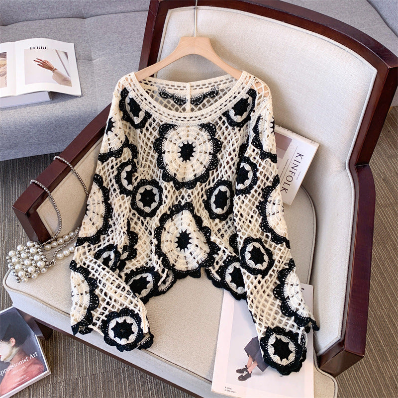 Ankela Red French Crocheted Hollow Sweater