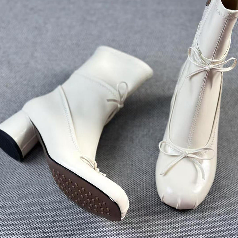 Ballet Style White High-heeled Round Head Thin Booties
