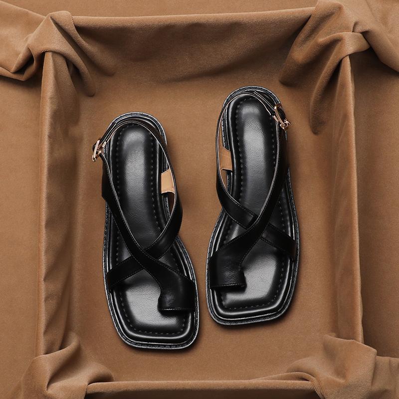 French Retro Brown Toe Ring Sandals
