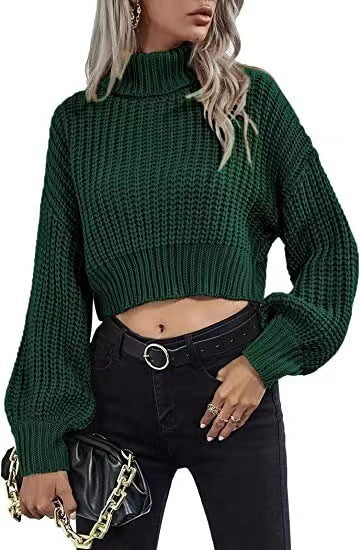 Turtleneck Midriff-baring Knitted Sweater Short