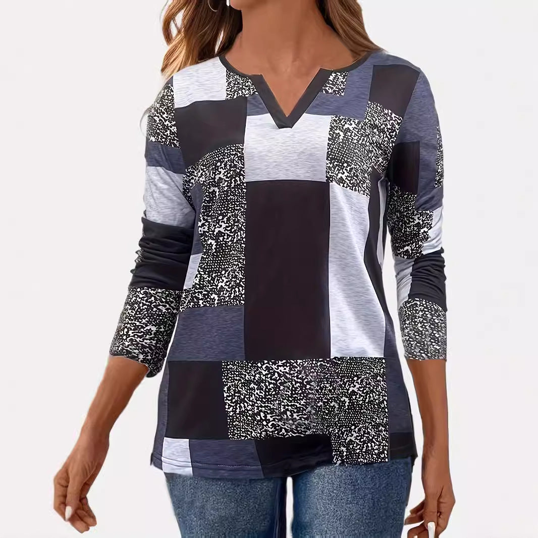 Casual Printed V-neck Long Sleeve T-shirt