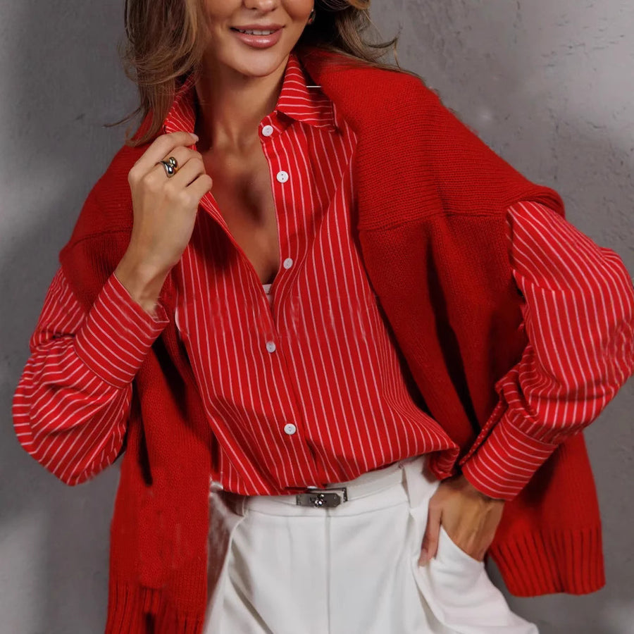 Women's Plus Size Striped Work Casual Long Sleeve Shirt