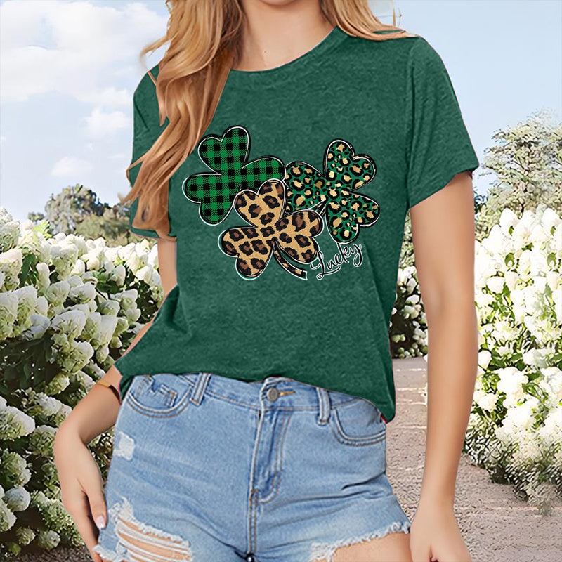 Women's Tri-Color Clover Print T-Shirt - Casual Short Sleeve Crew Neck Tee, Soft Summer Top