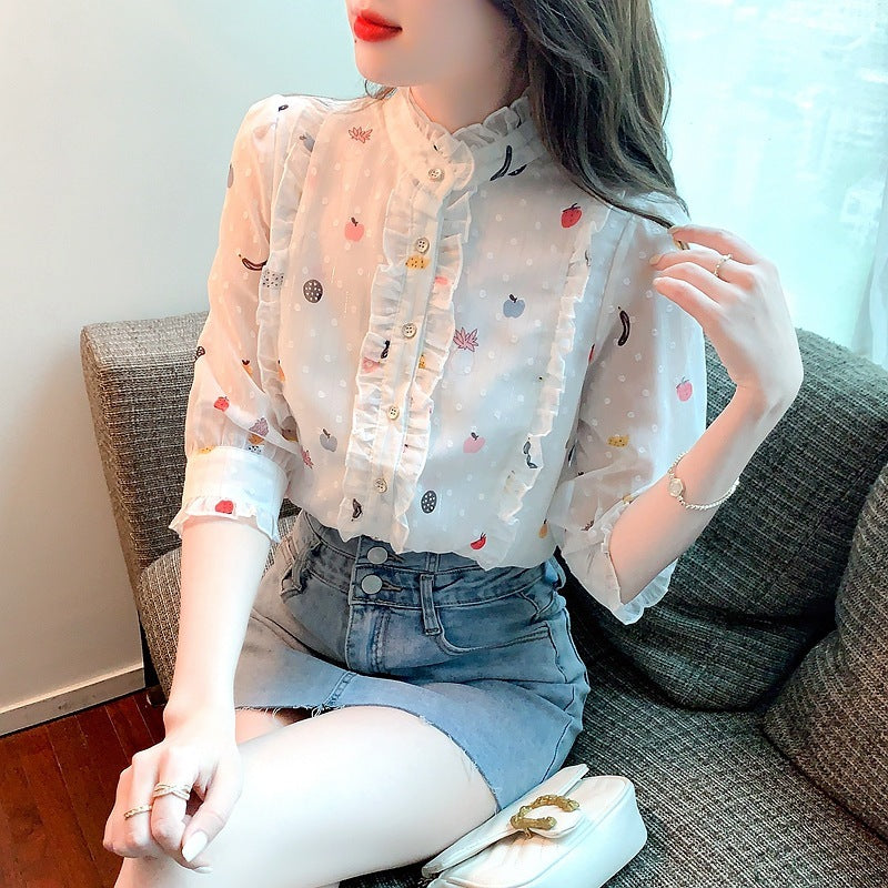 Women's Fashion Stand Collar Ruffle White Shirt