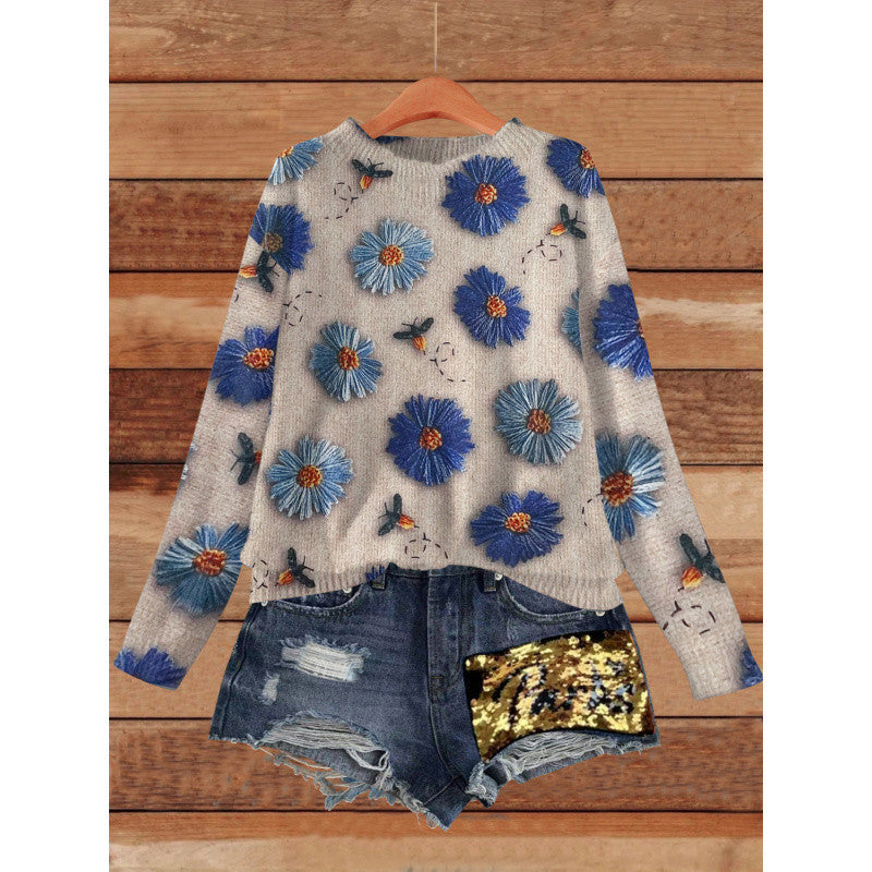 Western Style Beautiful Design Loose Slimming Printed Sweater Niche Fashion