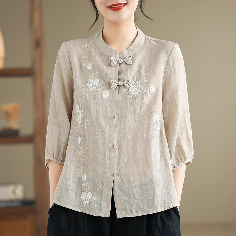 Women's Three-quarter Sleeve Cotton And Linen Top