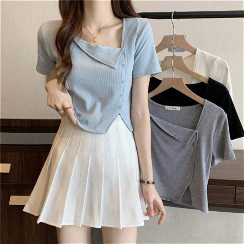 Women's Irregular Square Collar Split Shoulder T-shirt
