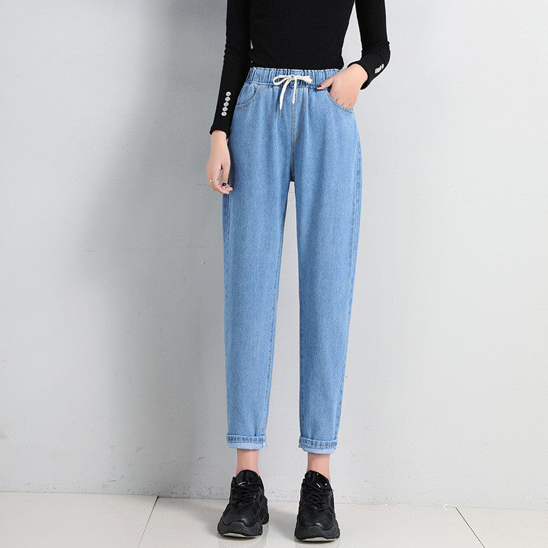 Korean Style Women's Straight Casual Elastic Waist Tied High Waist Student Jeans
