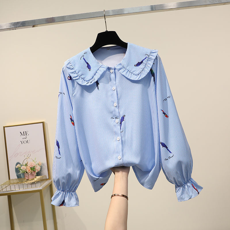 Long Sleeve Floral Loose White Shirt Doll Collar