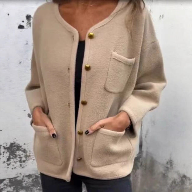 Women's Round Neck Long Sleeve Woolen Coat