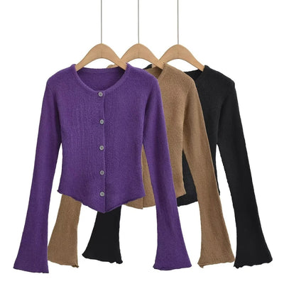 Women's Round Neck Single-breasted Bell-sleeve Sweater